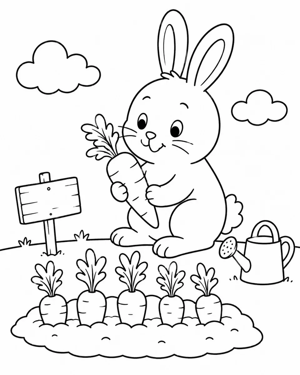 Ausmalbild eines Hasen der neben einem Möhrenbeet sitzt