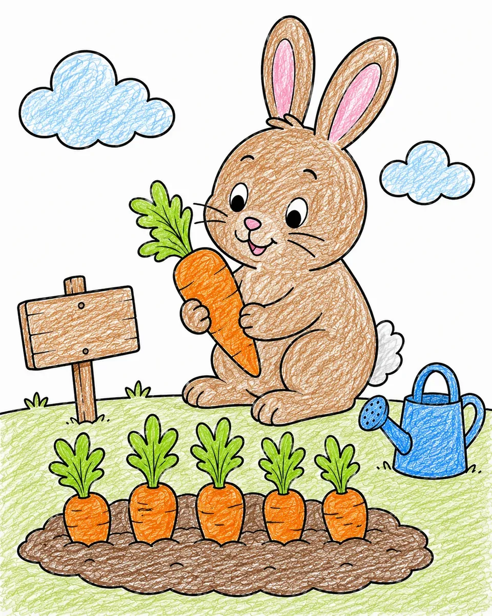 Hase sitzt neben seinem Möhrenbeet