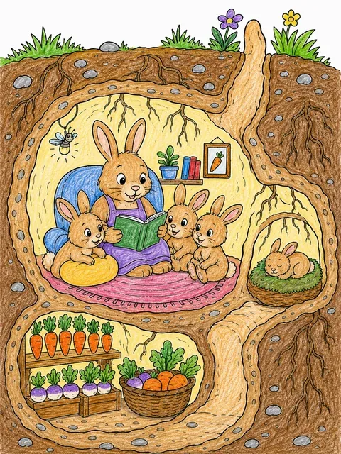 Hasenfamilie gemütlich im Bau – So könnte es aussehen