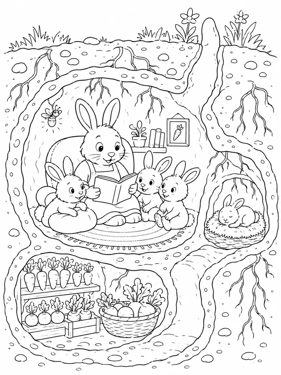 Ausmalbild eines Hasenbaues im Querschnitt mit der gemütlichen Familie darin