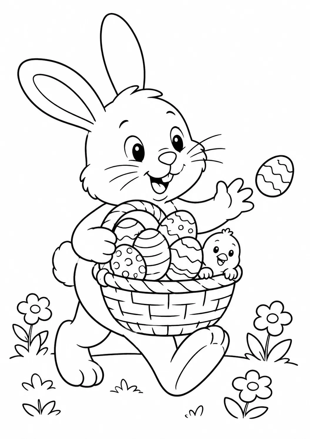 Ausmalbild eines Osterhasen der einen Korb voller bunter Eier trägt