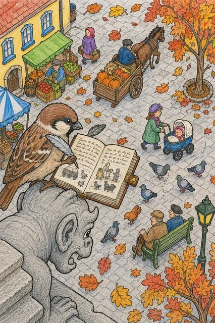 Ausmalbild Vogelperspektive: Haussperling auf Wasserspeier schreibt Chronik des Herbst-Stadtplatzes darunter