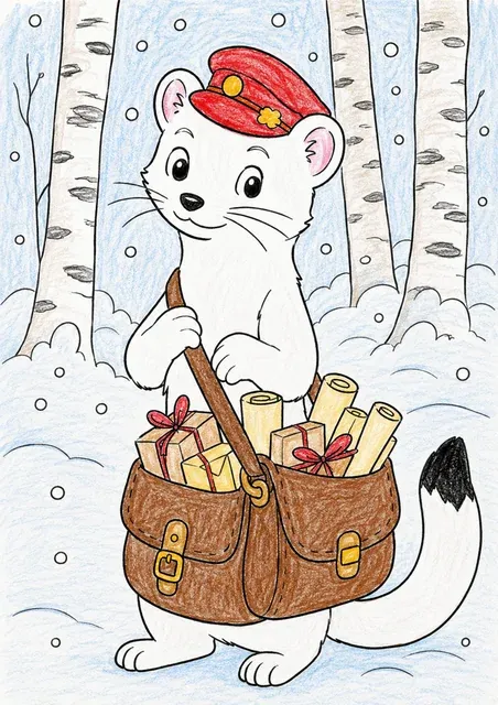 Ausmalbild: Weißes Hermelin als Postbotin mit roter Mütze und Ledertasche im Schnee