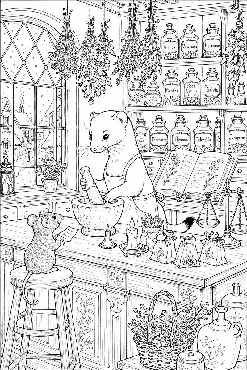 Ausmalbild: Hermelin in weißem Winterfell arbeitet hinter dem Apothekentresen mit Mörser und Kräutergläsern