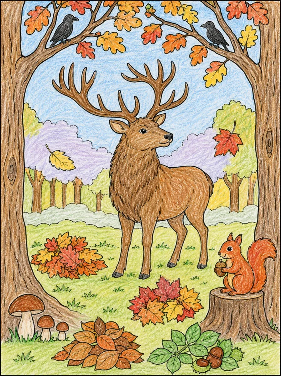 Der Hirsch im Herbstwald-Fenster