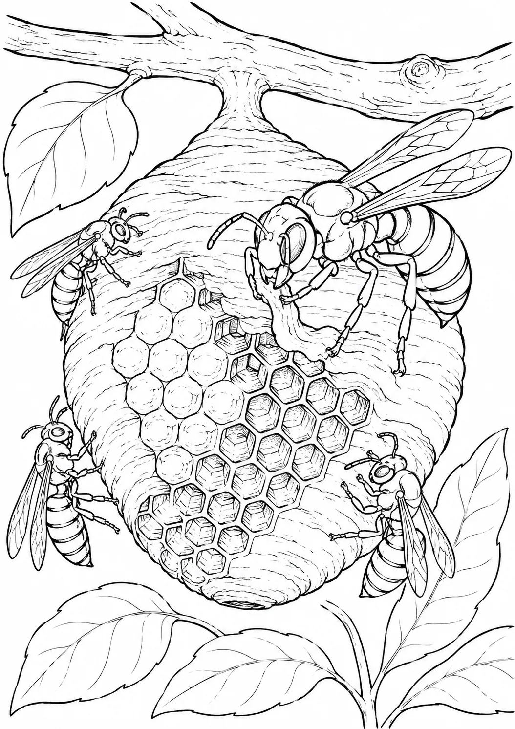 大黄蜂建造有清晰六边形的纸巢涂色画