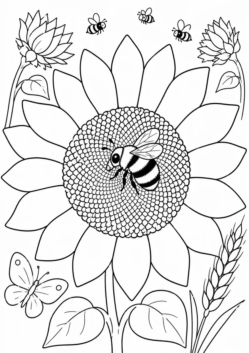 Hummel ruht mitten auf einer großen Sonnenblume mit zwölf Strahlblättern und Spiralmuster