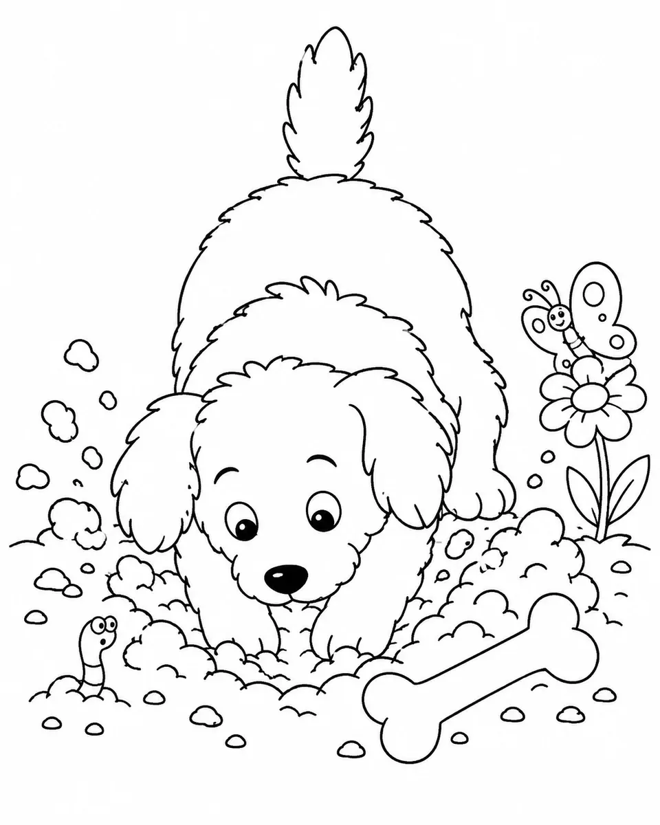 Coloring page of a dog burying a bone in the garden