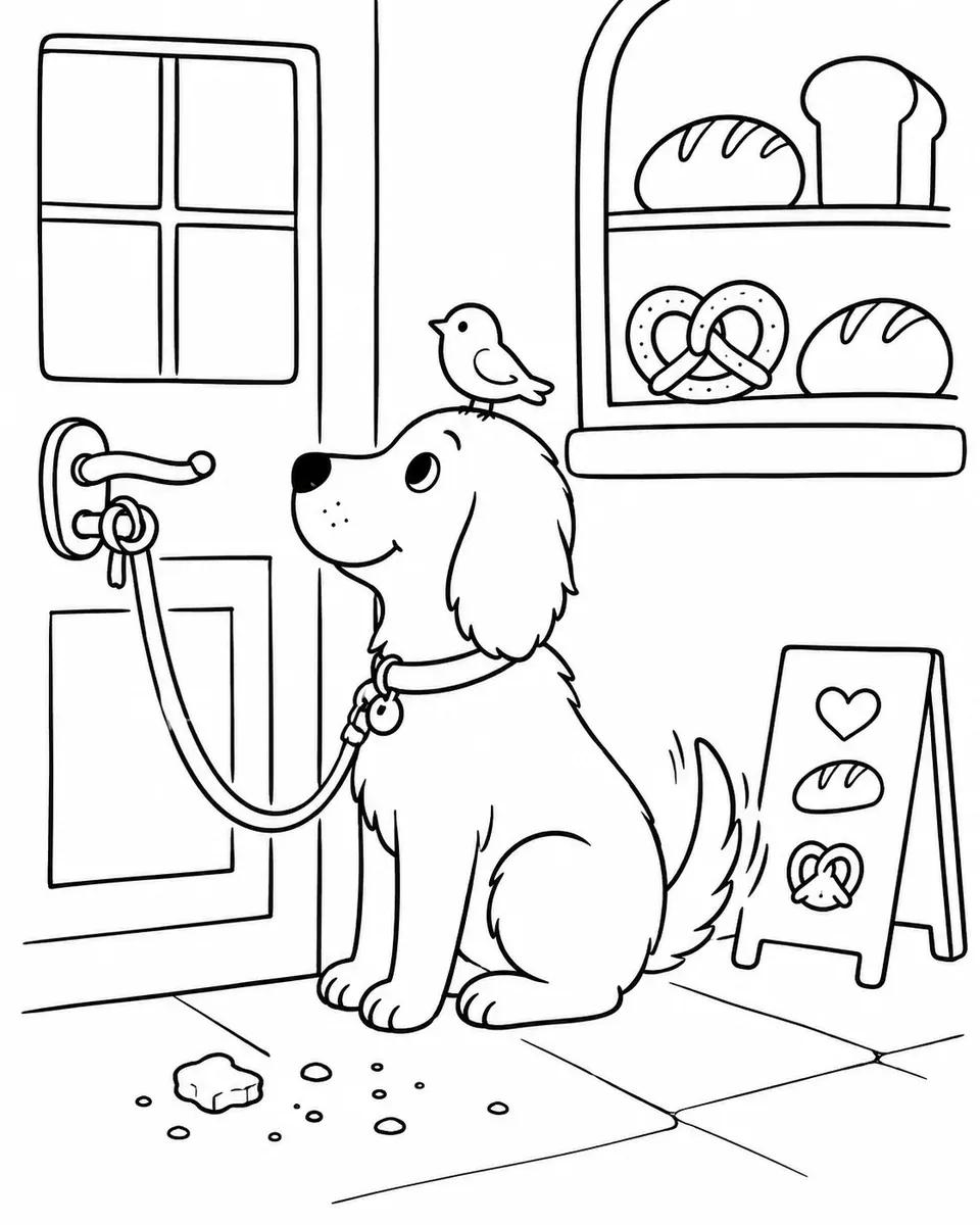 Ausmalbild eines Hundes der geduldig vor einer Bäckerei auf sein Herrchen wartet