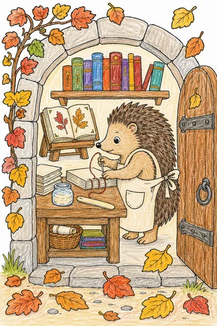 Ausmalbild: Igel-Buchbinderin mit Nadel und Faden näht Buchsignaturen in gemütlicher Herbstwerkstatt