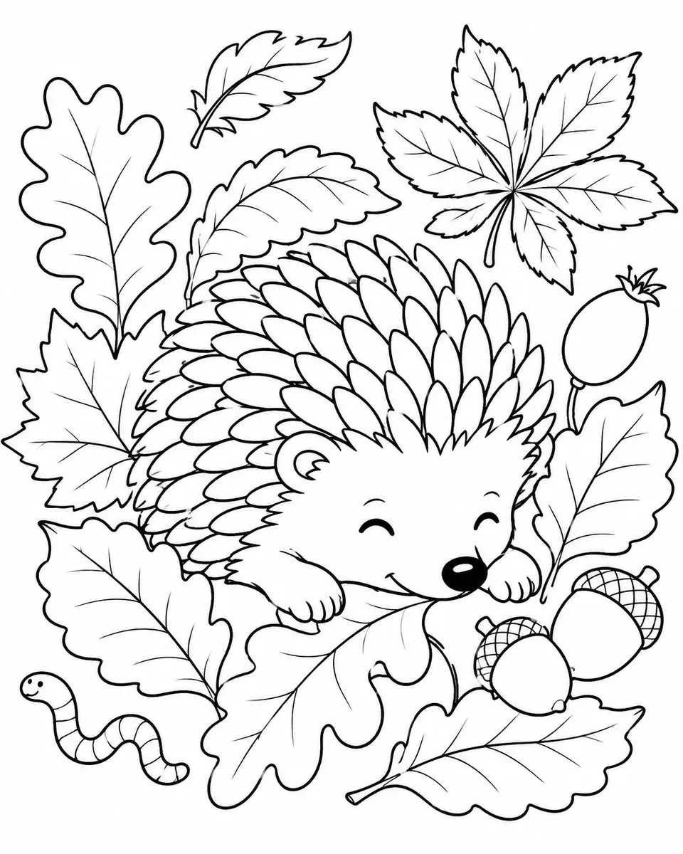 Igel mit Stachelreihen ruht in einem Haufen aus Eichen-, Ahorn- und Kastanienblättern