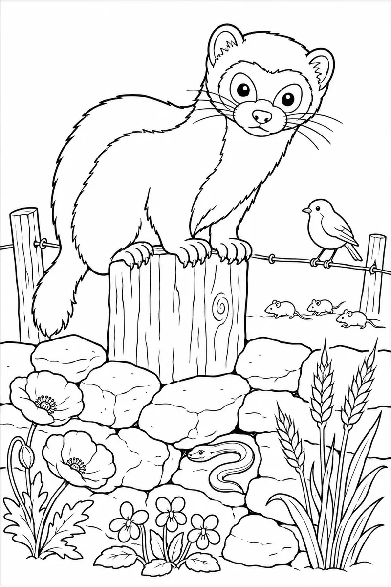 艾鼬立于桩顶，熊猫脸谱，下方罂粟