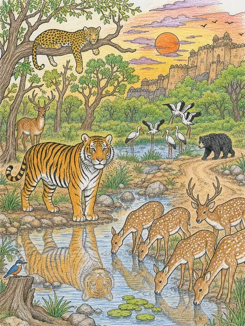 涂色页：黄昏时分有老虎在水边的印度国家公园