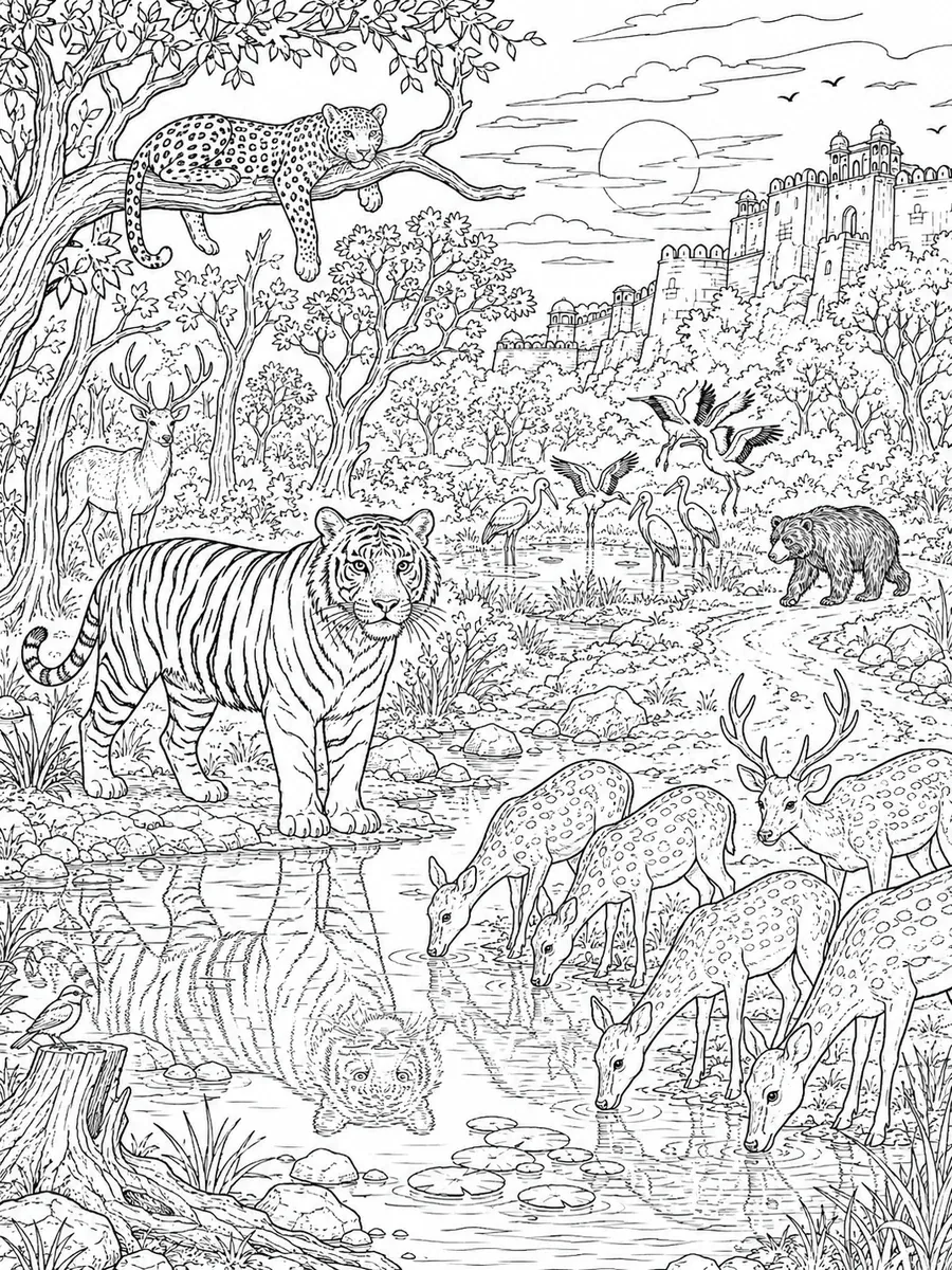 Ausmalbild: Indischer Nationalpark bei Dämmerung mit Tiger am Wasser