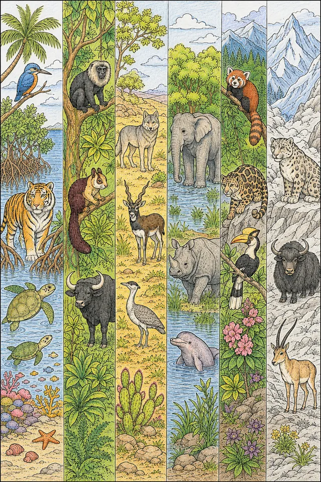 Ausmalbild: Indiens Biodiversität als Querschnitt von Küste bis Himalaya