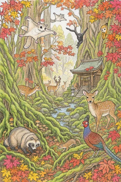 Ausmalbild: Japanischer Herbst-Urwald-Wimmelbild mit Sikahirschen