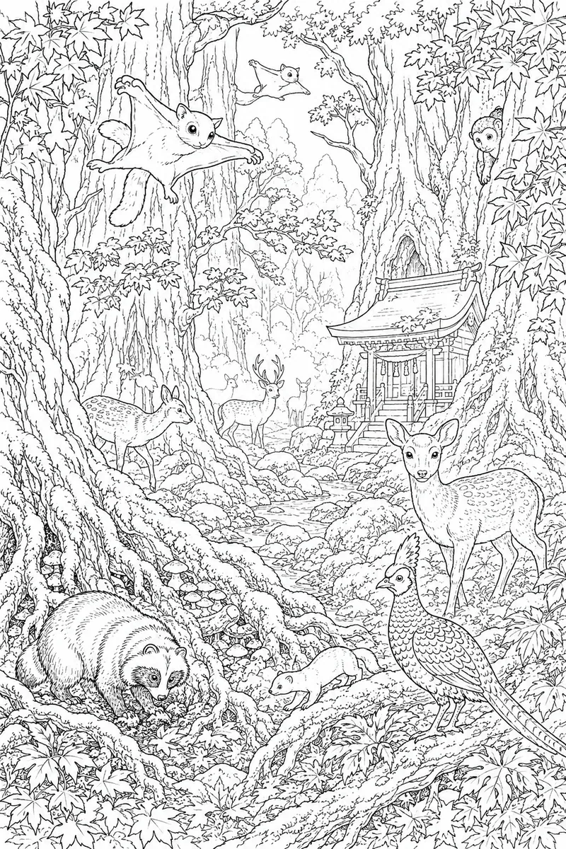 涂色页：有梅花鹿的日本秋天原始森林寻找图