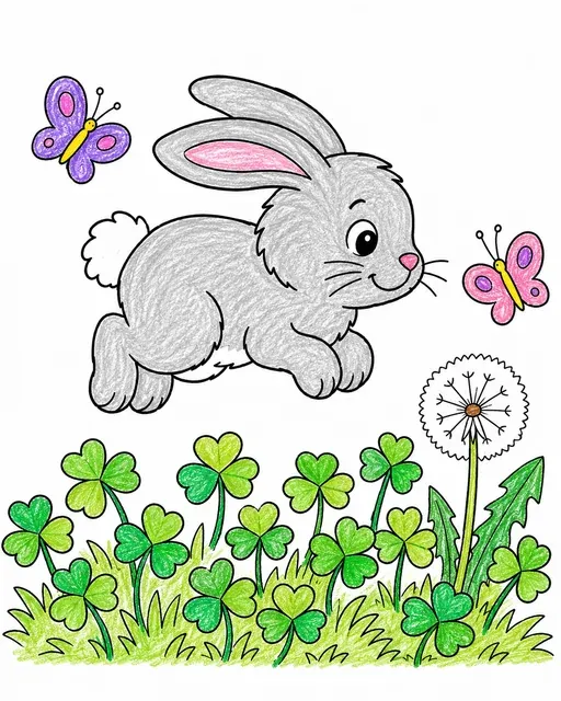 Coloring page of a rabbit hopping over a clover field