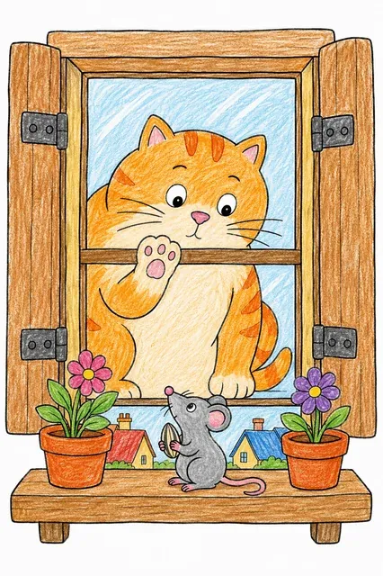 窗框里的猫和老鼠 – 涂色效果预览