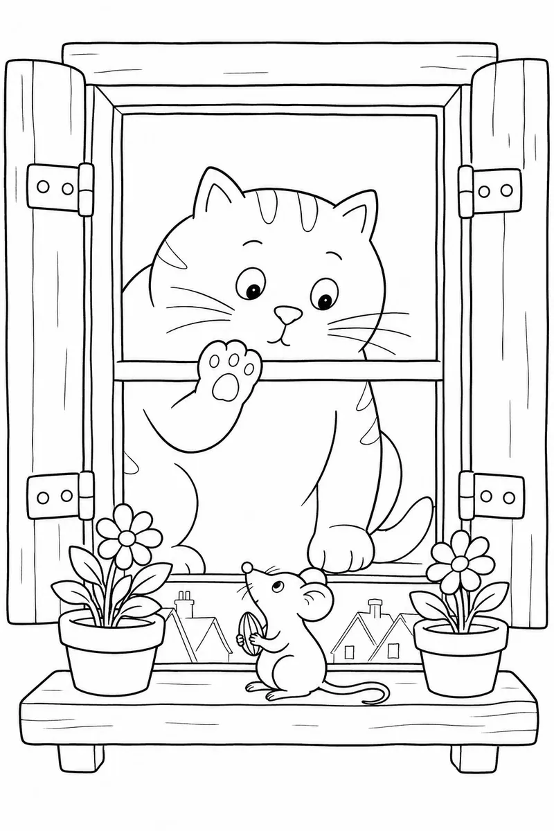 猫和老鼠隔着花盆窗户对望的涂色画