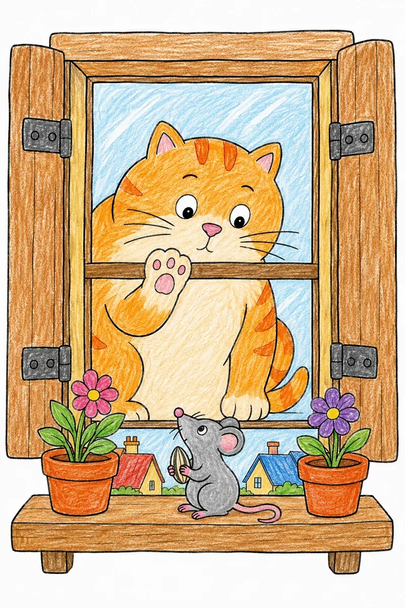 窗框里的猫和老鼠