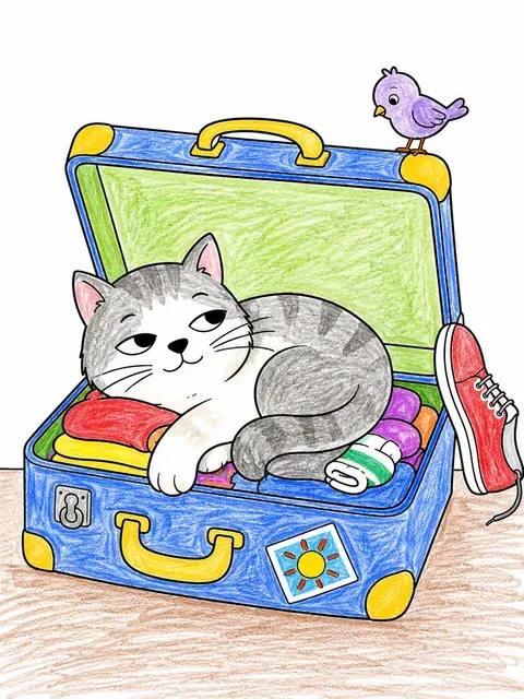 猫蜷缩在打开行李箱里的涂色画