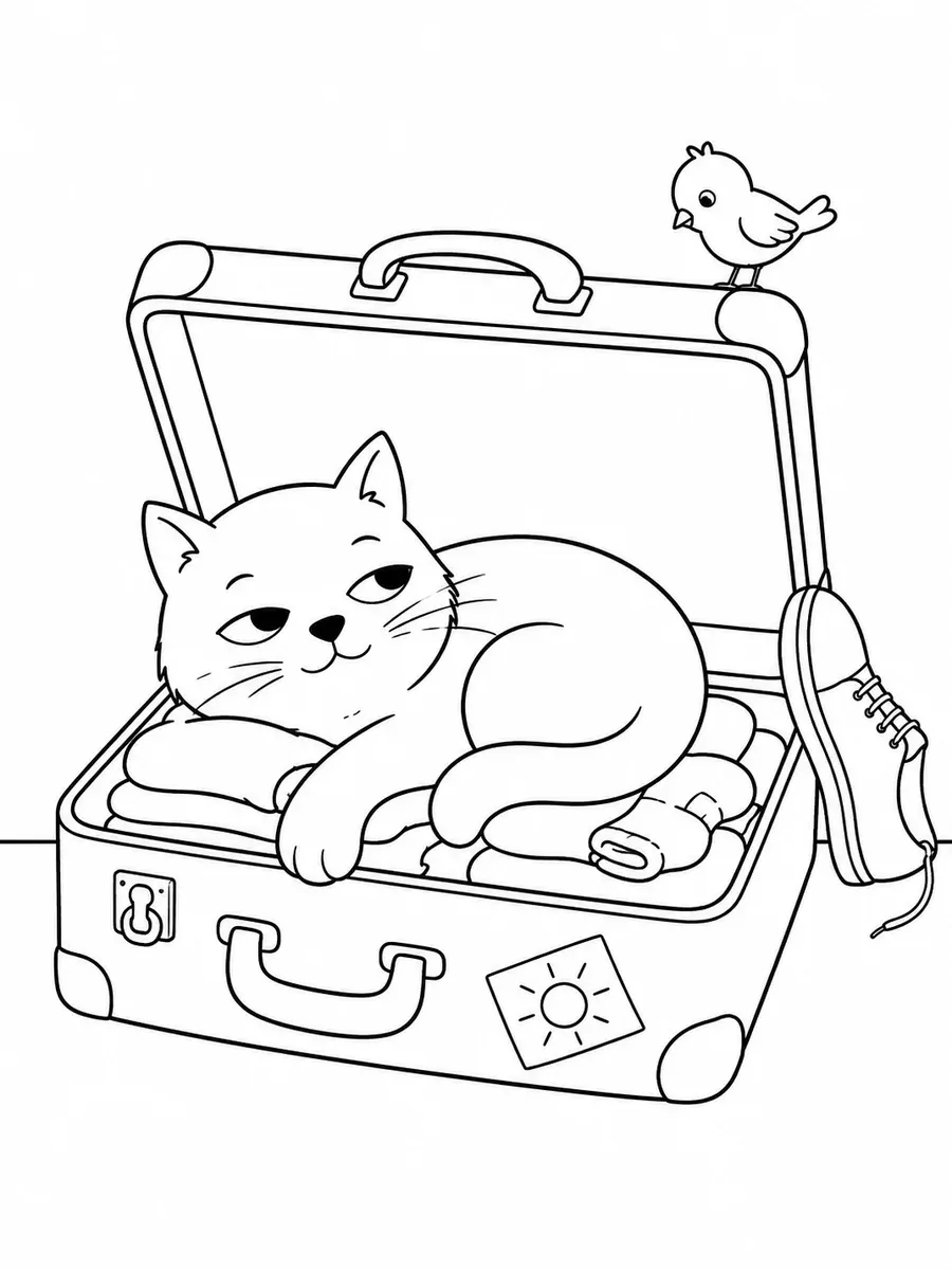 猫蜷缩在打开行李箱里的涂色画