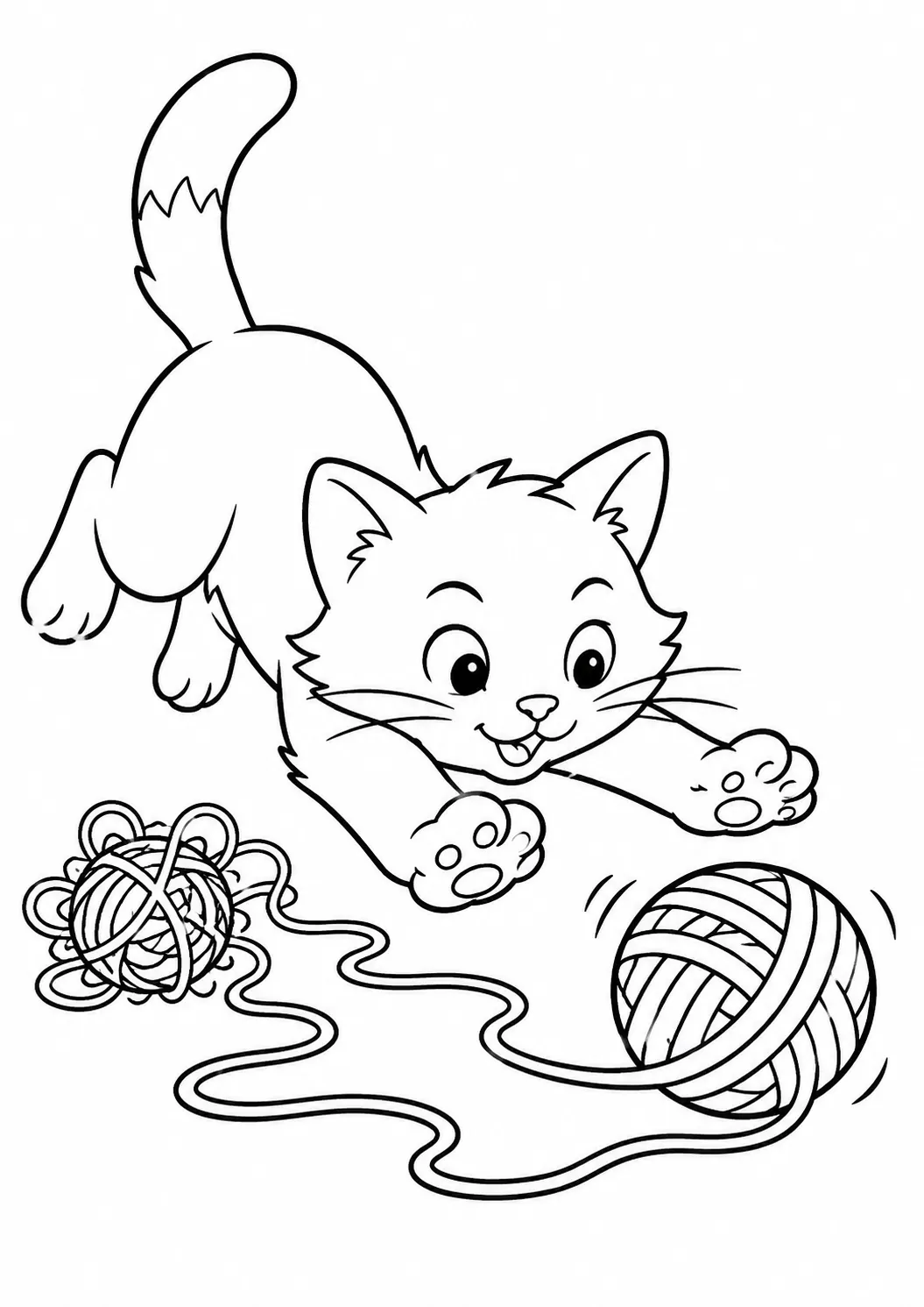 Ausmalbild einer springenden Katze die einem Wollknäuel nachjagt