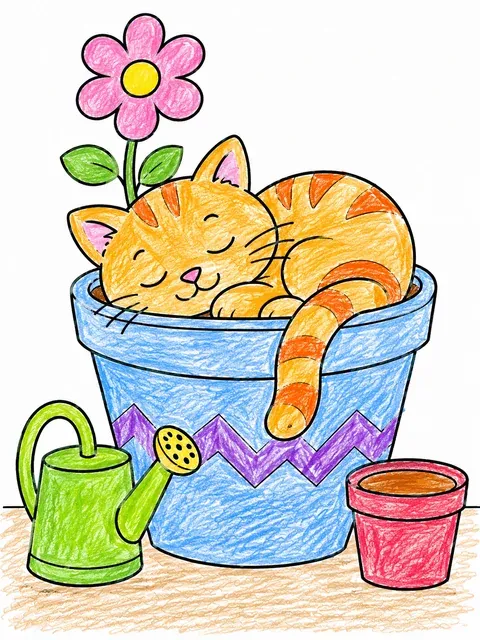 猫咪睡在花盆里 – 涂色效果预览