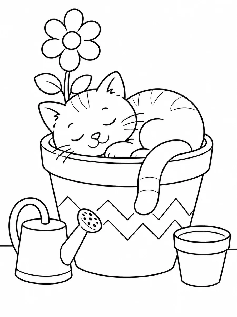 猫咪蜷缩在花盆里睡觉的涂色画