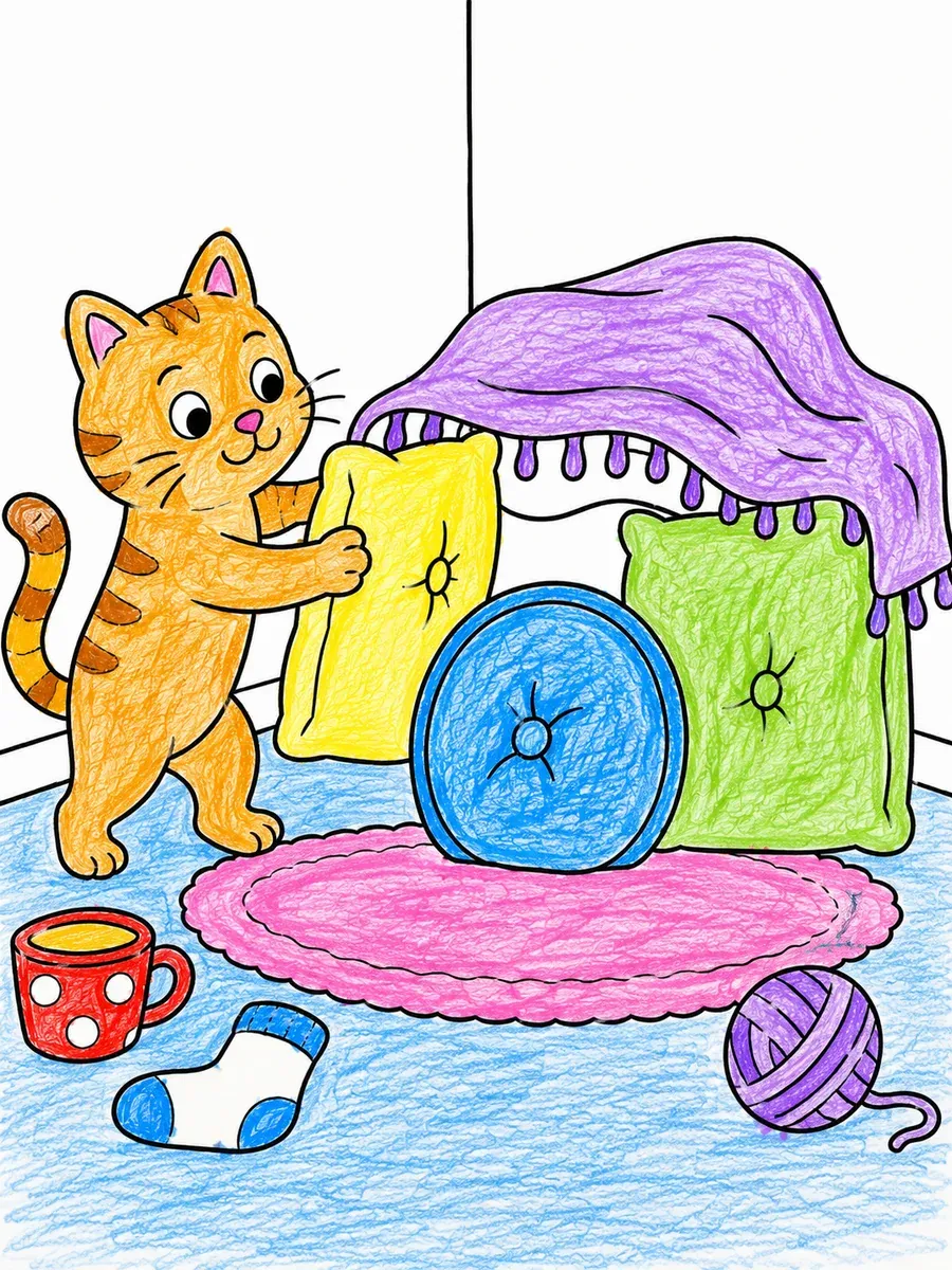 Katze baut Kissenburg