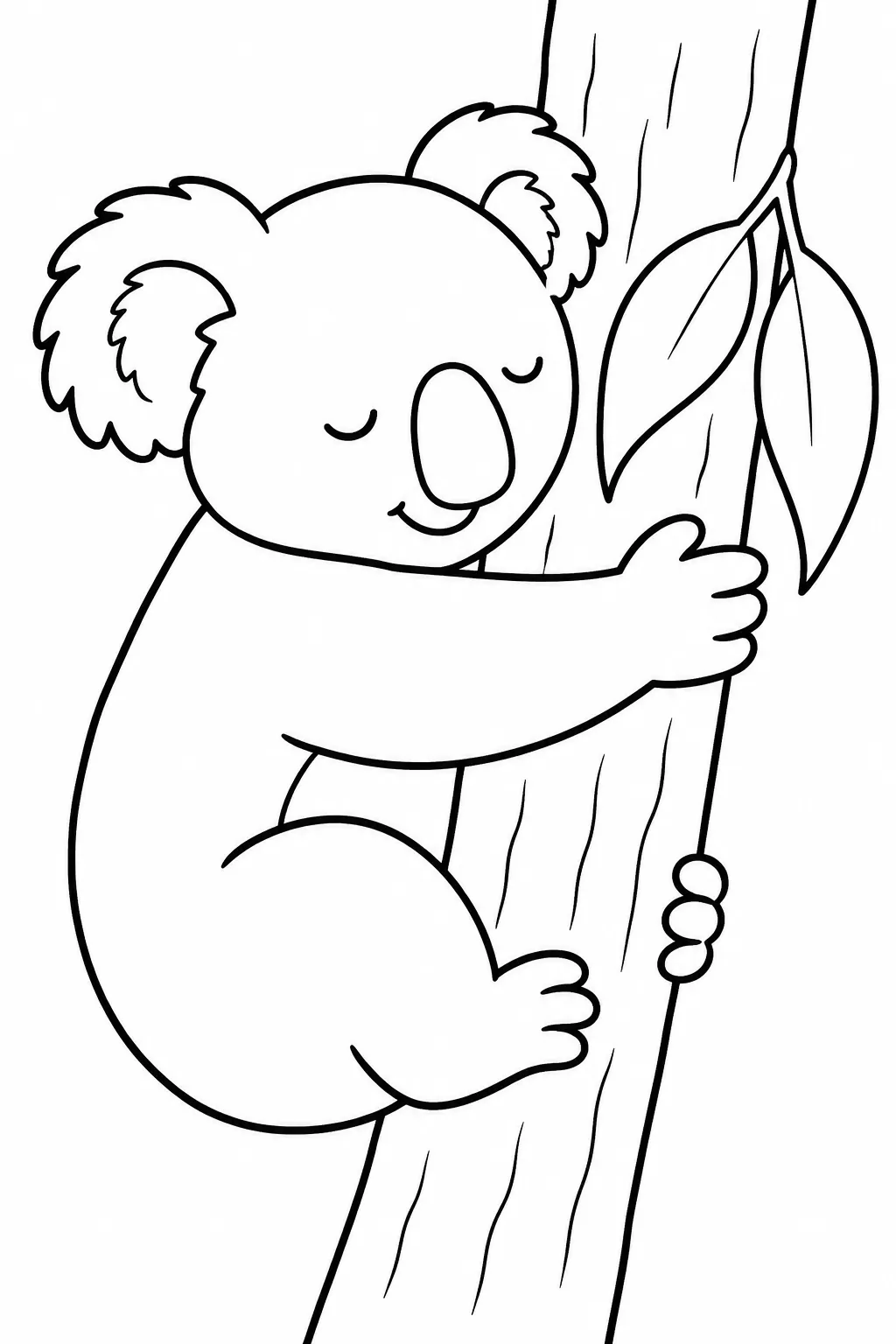 Ausmalbild: Koala schläft am Eukalyptusstamm
