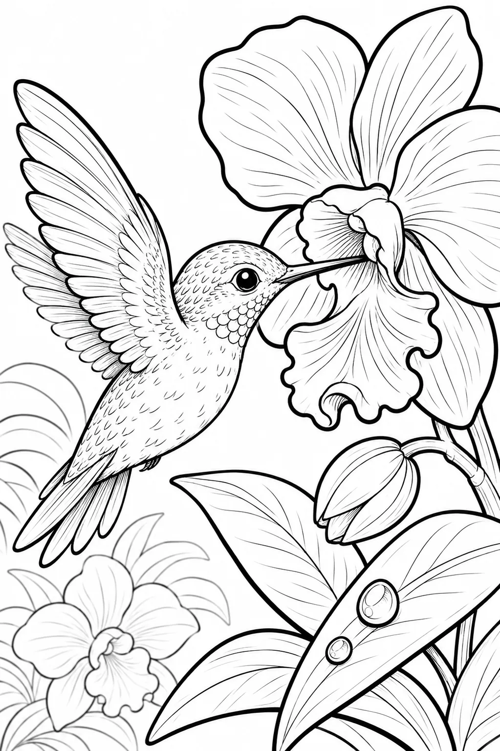 Ausmalbild: Kolibri schwebt vor großer Orchidee