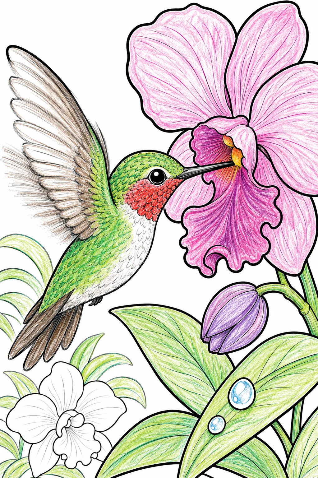 Kolibri schwebt vor der Orchidee