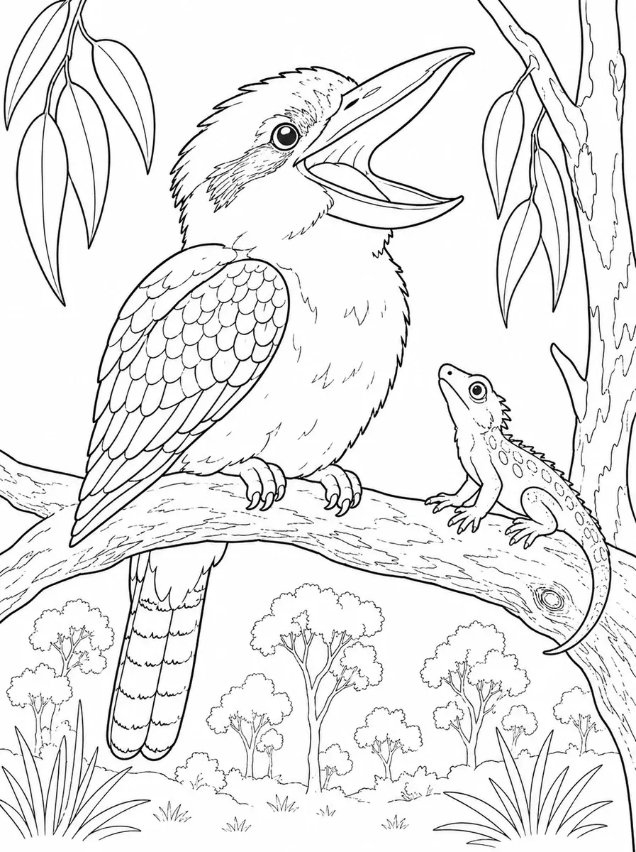 Ausmalbild: Kookaburra mit weit geöffnetem Schnabel auf Ast