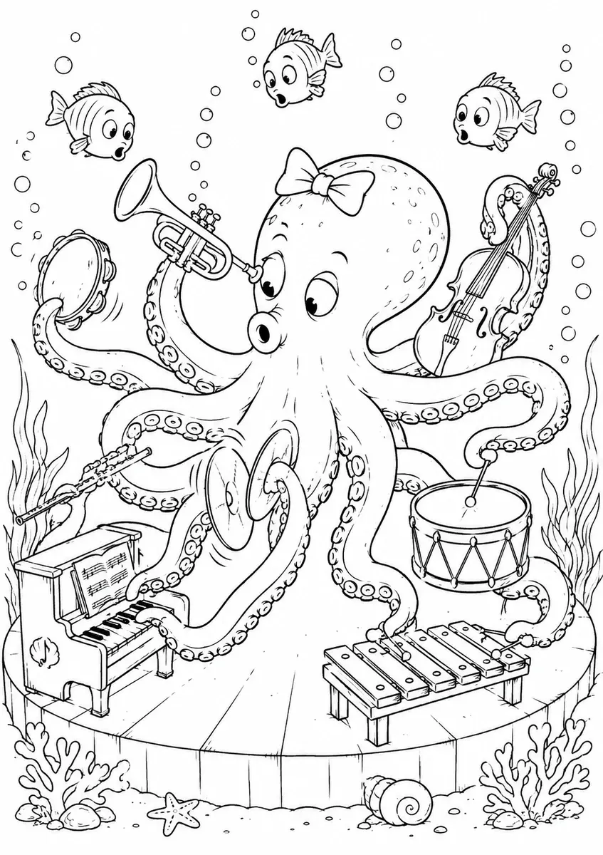 章鱼同时演奏八种乐器的涂色画