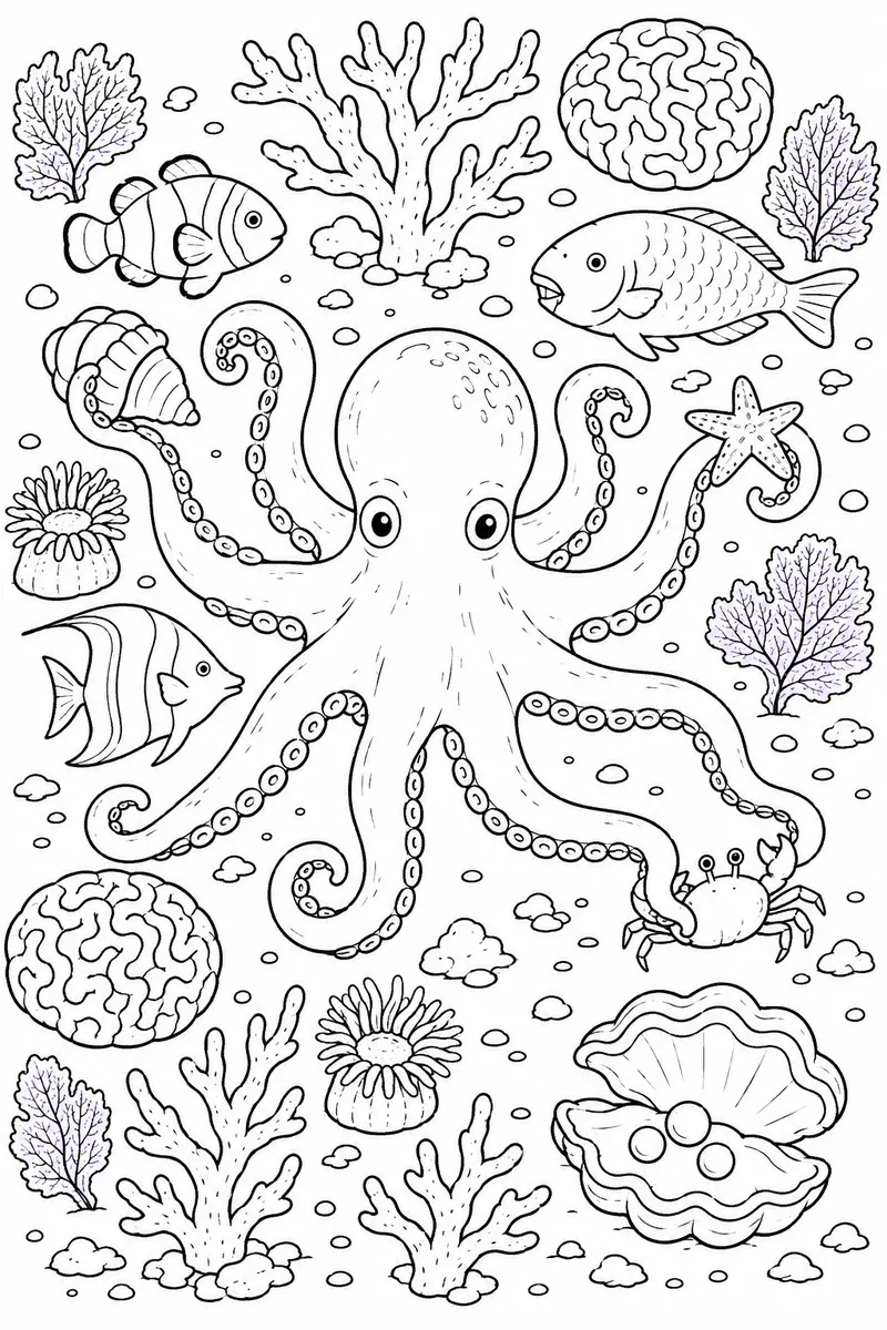 Vogelperspektive auf eine Krake mit acht Armen sternförmig über einem Korallenriff