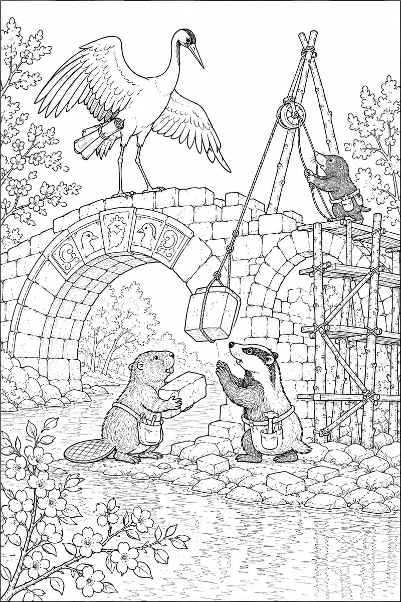 Ausmalbild: Kranich als Brückenmeister leitet Bautrupp aus Biber, Dachs und Maulwurf beim Steinbrücken-Bau