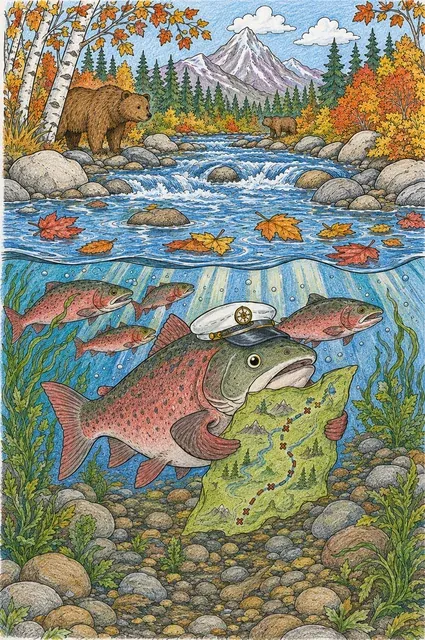 Ausmalbild Querschnitt: Lachs mit Algenkarte führt Schwarm in Herbstfluss — Ober- und Unterwasser sichtbar