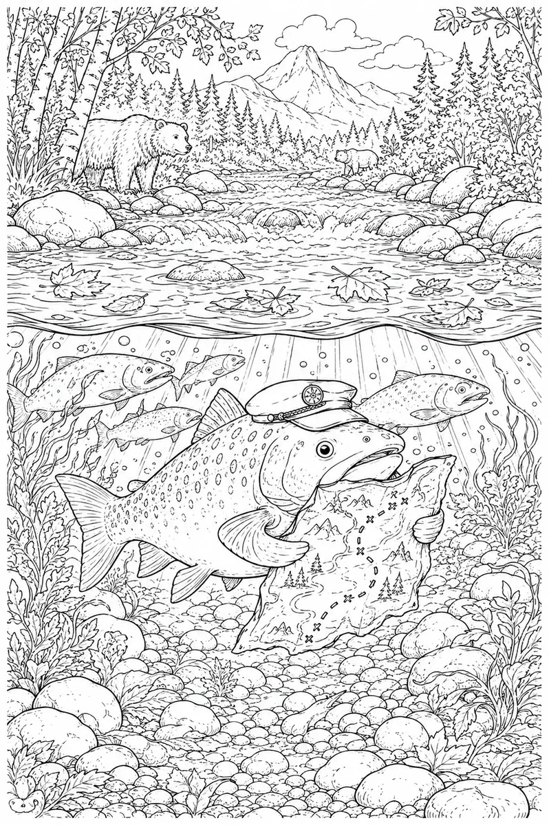 Ausmalbild Querschnitt: Lachs mit Algenkarte führt Schwarm in Herbstfluss — Ober- und Unterwasser sichtbar