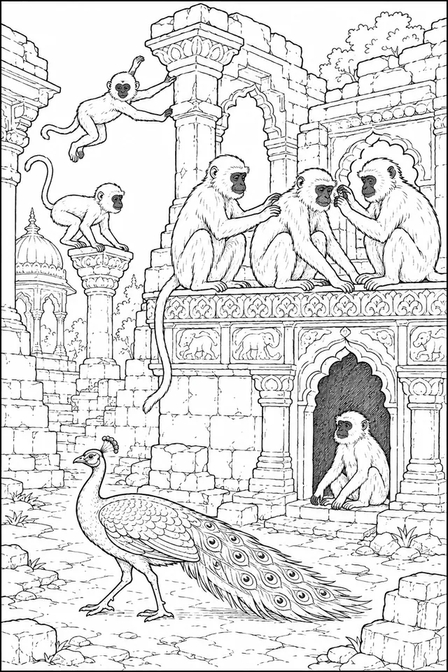 Hanuman-Languren auf der Tempelruine