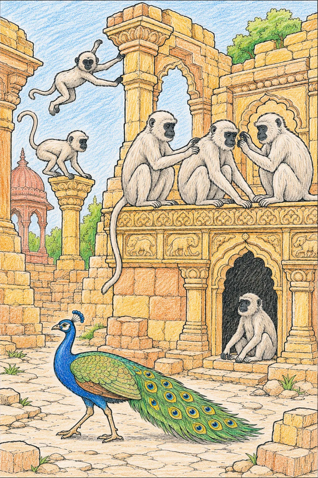 Hanuman-Languren auf der Tempelruine