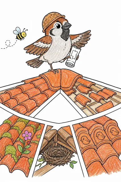 Ausmalbild: Haussperling mit Walnuss-Helm hält Bauplan auf Dachziegel mit verschiedenen Dachbereichen