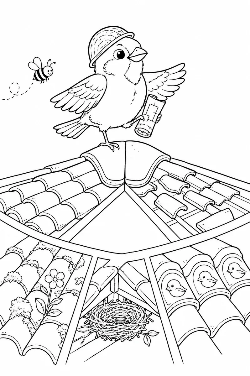 Ausmalbild: Haussperling mit Walnuss-Helm hält Bauplan auf Dachziegel mit verschiedenen Dachbereichen