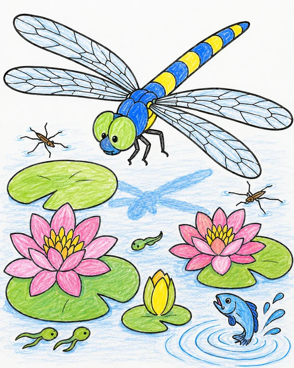 Die Libelle über den Seerosen