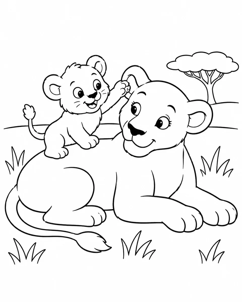 Ausmalbild eines Löwenbabys das auf seiner Mutter spielt