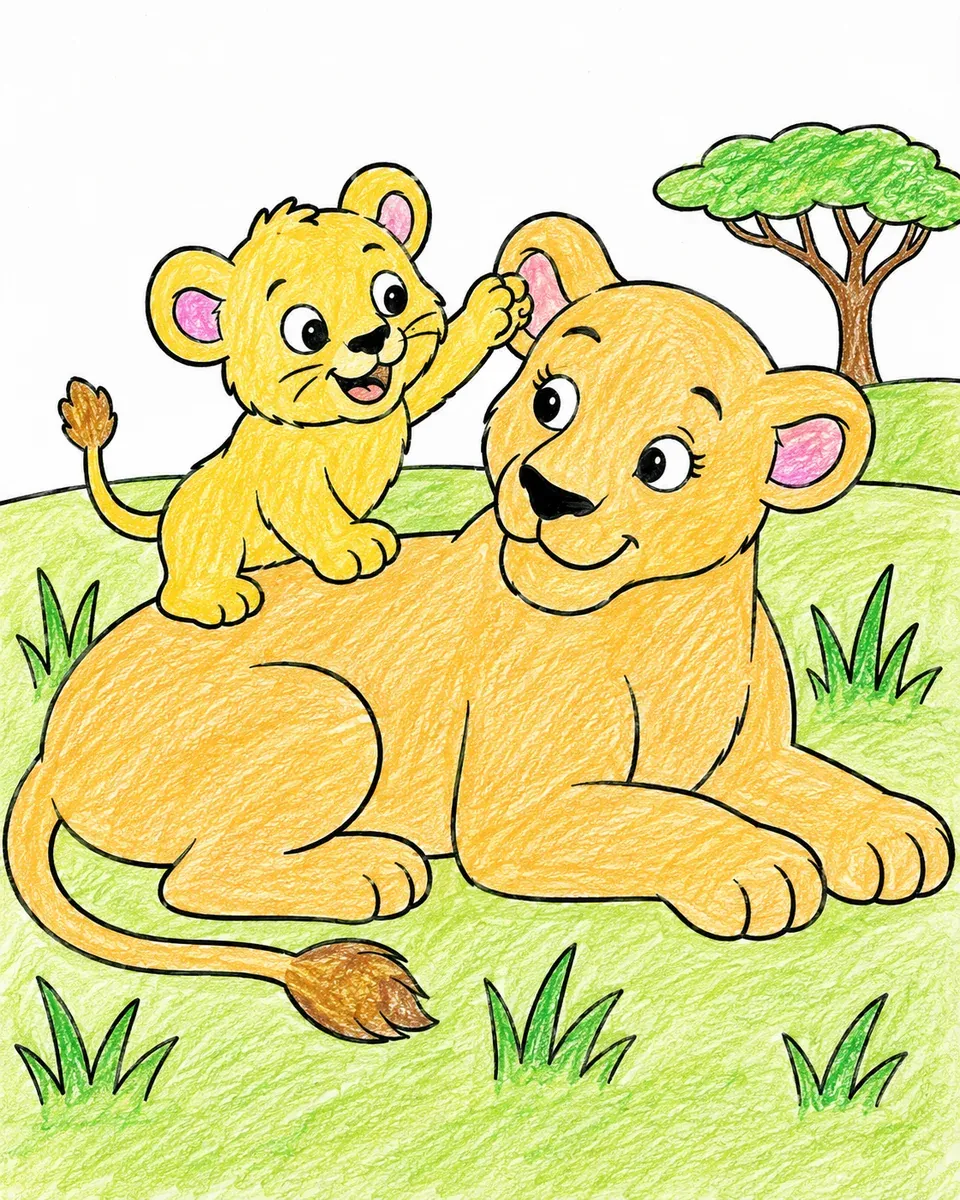 Löwenbaby spielt mit seiner Mutter