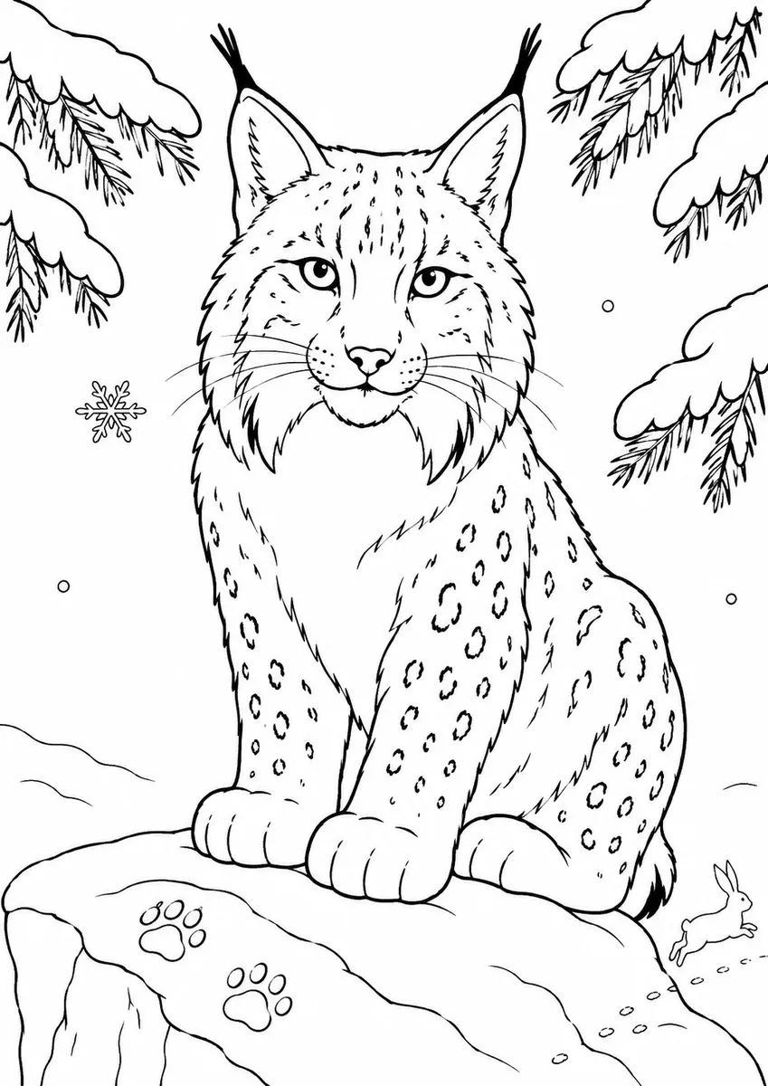 Luchs mit langen Ohrpinseln sitzt auf einem schneebedeckten Felsen, Tannenzweige im Hintergrund