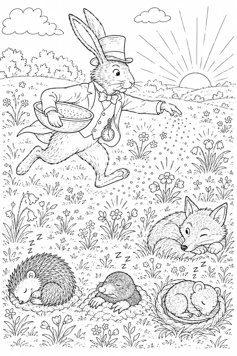 三月兔在草地撒金尘的涂色画