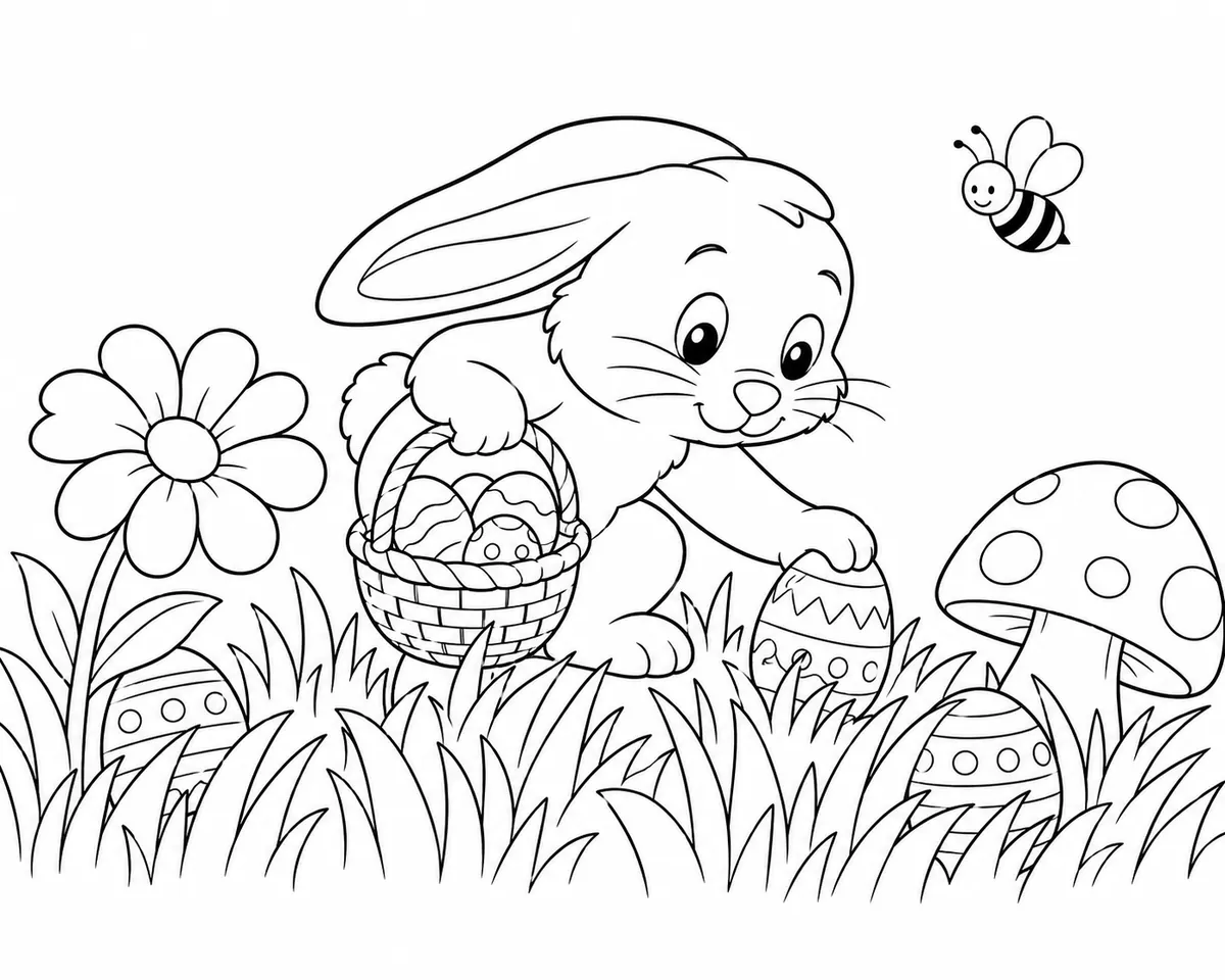 Ausmalbild des Osterhasen der heimlich Eier im Gras versteckt